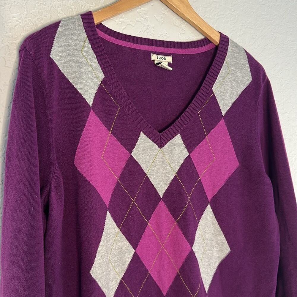 IZOD Purple Argyle Sweater V Neck Gilmore XL Golf Preppy Sporty Prep Caddyshack - Picture 2 of 5